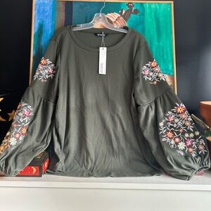 BloomChic Olive Floral Embroidered Blouse 14/16 XL